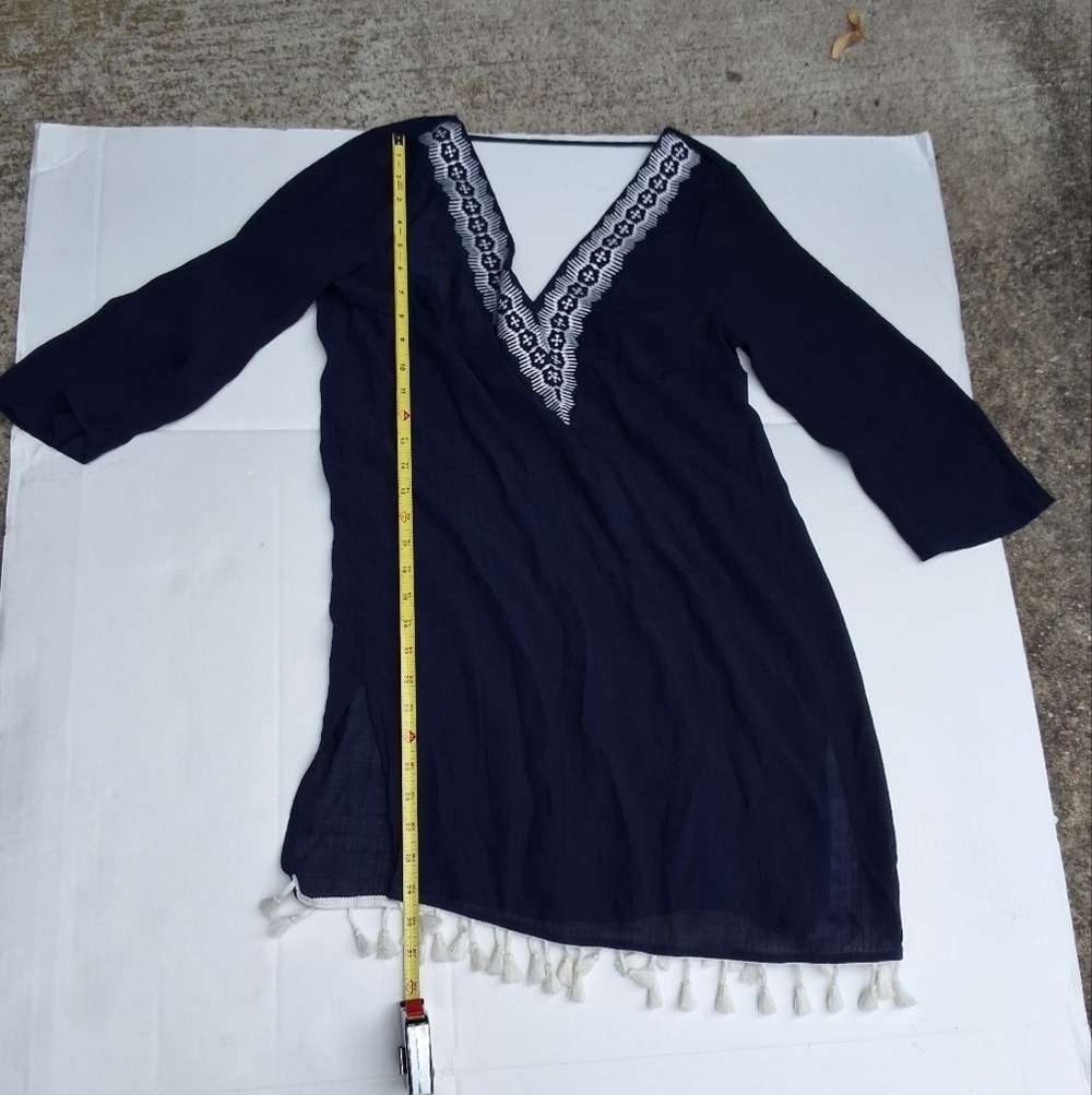 Kona Sol Deep Blue Gauzy Tunic with Elegant Embroidy Swim Cover Up M - Picture 9 of 15